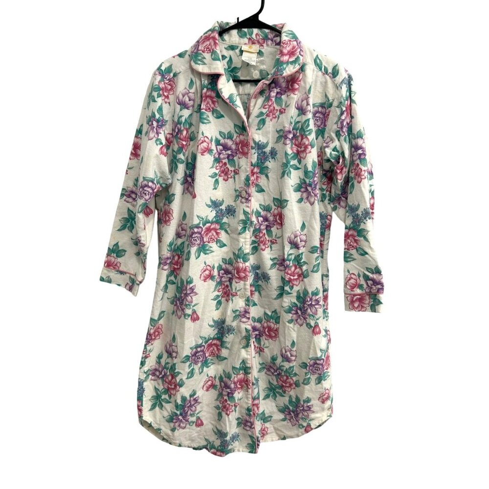 Stan Herman Floral Button-Up Nightgown 3/4 Sleeves Cotton Size M